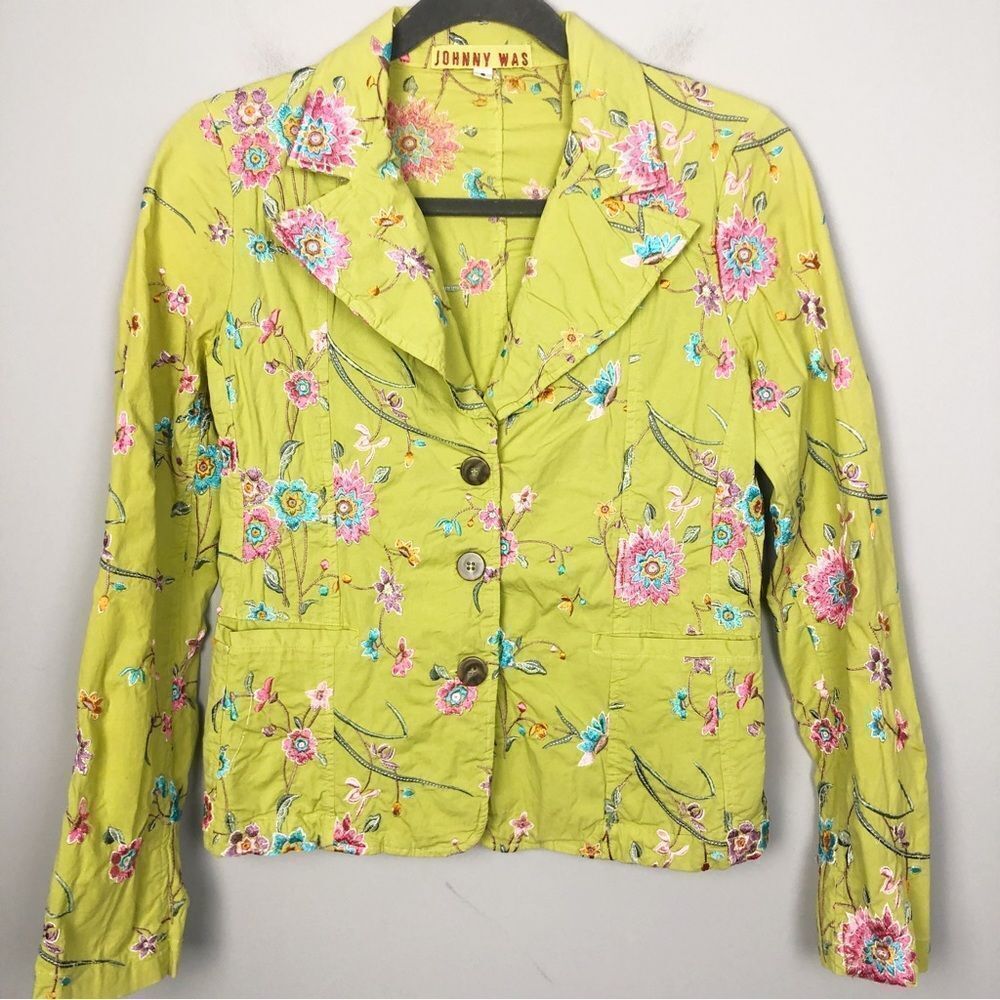 JOHNNY WAS | Embroidered Lime Green Floral Blazer Jacket Women’s Size Small - Picture 2 of 10